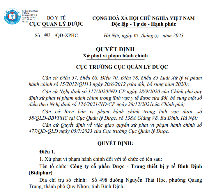 Cục Quản l&amp;yacute; Dược thuộc Bộ Y tế vừa ra quyết định tiến h&amp;agrave;nh xử phạt vi phạm h&amp;agrave;nh ch&amp;iacute;nh đối với C&amp;ocirc;ng ty cổ phần Dược - Trang thiết bị y tế B&amp;igrave;nh Định (Bidiphar)