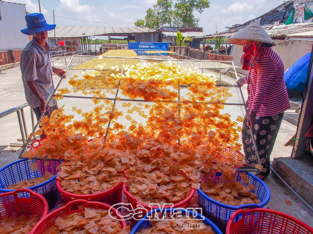 Hiện c&amp;aacute;c ng&amp;agrave;nh chức năng t&amp;iacute;ch cực hỗ trợ c&amp;aacute;c chủ thể n&amp;acirc;ng cao chất lượng v&amp;agrave; giữ uy t&amp;iacute;n thương hiệu để đưa sản phẩm qu&amp;ecirc; hương vươn xa ra thị trường trong, ngo&amp;agrave;i tỉnh v&amp;agrave; xuất khẩu. (Trong ảnh: Phơi b&amp;aacute;nh phồng t&amp;ocirc;m tại x&amp;atilde; H&amp;agrave;ng Vịnh, huyện Năm Căn).