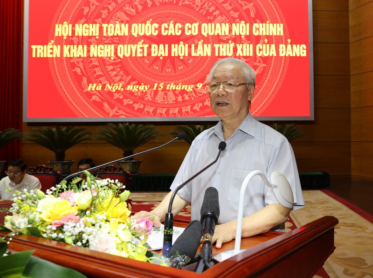 Tổng B&amp;iacute; thư Nguyễn Ph&amp;uacute; Trọng ph&amp;aacute;t biểu tại Hội nghị to&amp;agrave;n quốc c&amp;aacute;c cơ quan nội ch&amp;iacute;nh triển khai thực hiện Nghị quyết Đại hội lần thứ XIII của Đảng. Ảnh: TTXVN