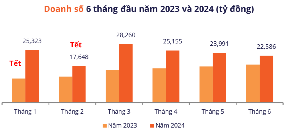 Doanh số thị trường thương mại điện tử Việt Nam 6 th&amp;aacute;ng đầu năm 2024 so với c&amp;ugrave;ng kỳ năm trước. Số liệu: Metric