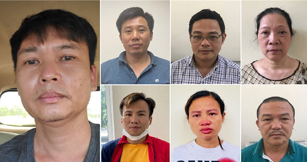C&amp;aacute;c bị can (từ tr&amp;aacute;i qua, từ tr&amp;ecirc;n xuống): Nguyễn Xu&amp;acirc;n Hanh, Đỗ Quang Tiến, Đỗ Khắc T&amp;uacute; Anh, Nguyễn Thị Ngọc L&amp;acirc;m, Nguyễn Tuấn Nghĩa, Kiều Thị Th&amp;uacute;y, Ho&amp;agrave;ng Đ&amp;igrave;nh Văn