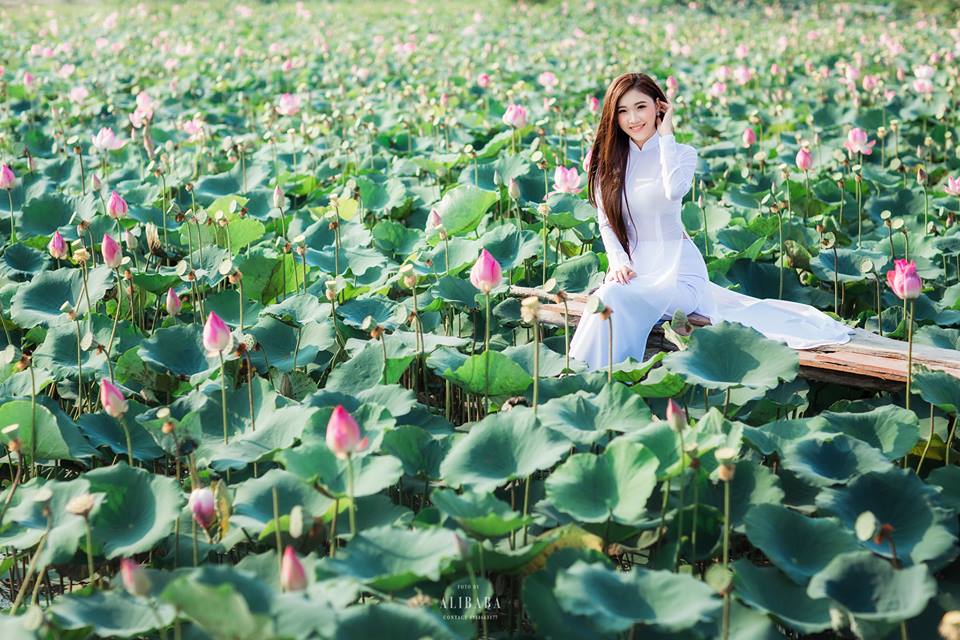 &amp;Aacute;o d&amp;agrave;i l&amp;agrave; trang phục được lựa chọn nhiều khi chụp h&amp;igrave;nh với sen (Ảnh: Internet)