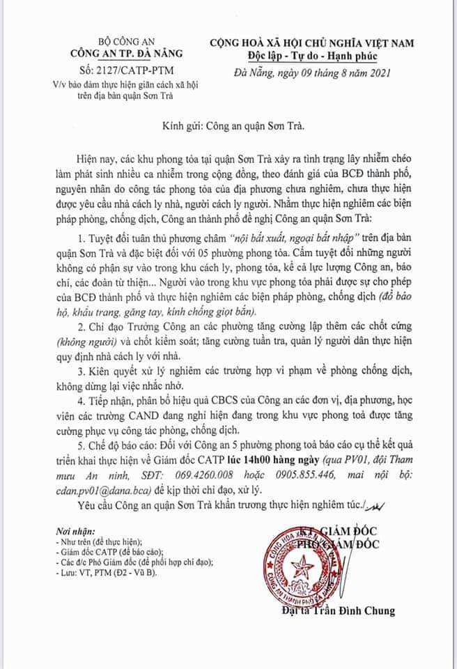 Trước t&amp;igrave;nh h&amp;igrave;nh dịch bệnh vẫn diễn biến phức tạp, ng&amp;agrave;y 9/8, C&amp;ocirc;ng an TP Đ&amp;agrave; Nẵng đ&amp;atilde; c&amp;oacute; văn bản gửi C&amp;ocirc;ng an quận Sơn Tr&amp;agrave;, về việc đảm bảo thực hiện gi&amp;atilde;n c&amp;aacute;ch x&amp;atilde; hội tr&amp;ecirc;n địa