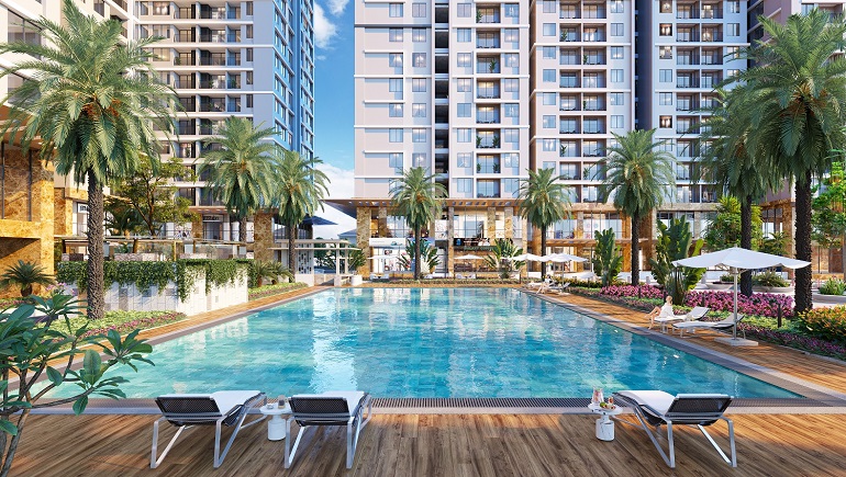 Tổ hợp hồ bơi với hệ thống quầy bar, s&amp;agrave;n tắm nắng tại Hanoi Melody Residences