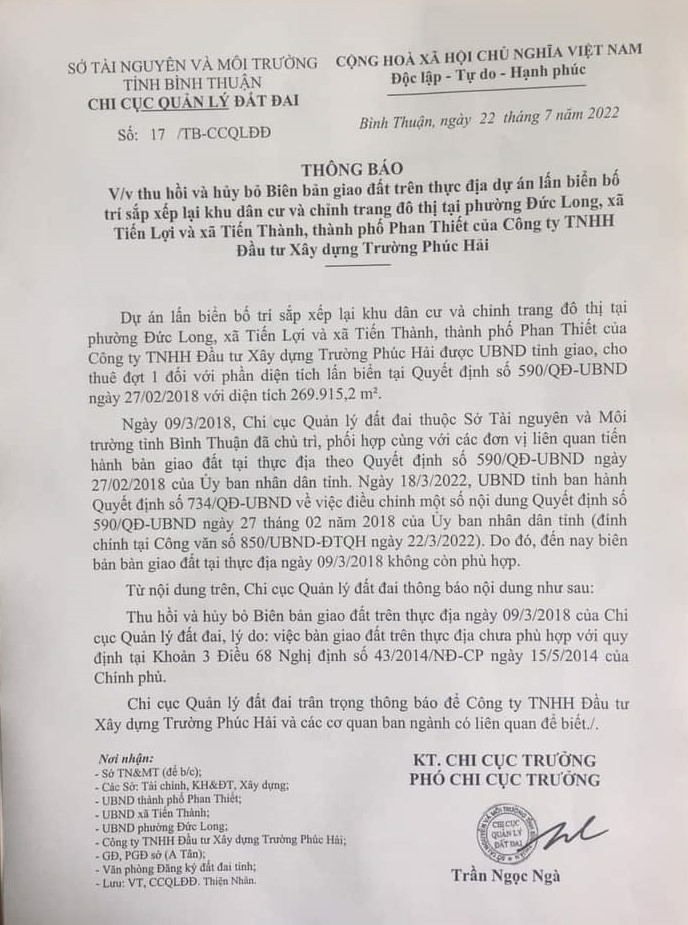 Th&amp;ocirc;ng b&amp;aacute;o số:17/TB-CCQLĐĐ về việc thu hồi v&amp;agrave; hủy bỏ Bi&amp;ecirc;n bản giao đất tr&amp;ecirc;n thực địa Dự &amp;aacute;n Hamubay Phan Thiết của Chi cục quản l&amp;yacute; đất đai tỉnh B&amp;igrave;nh Thuận