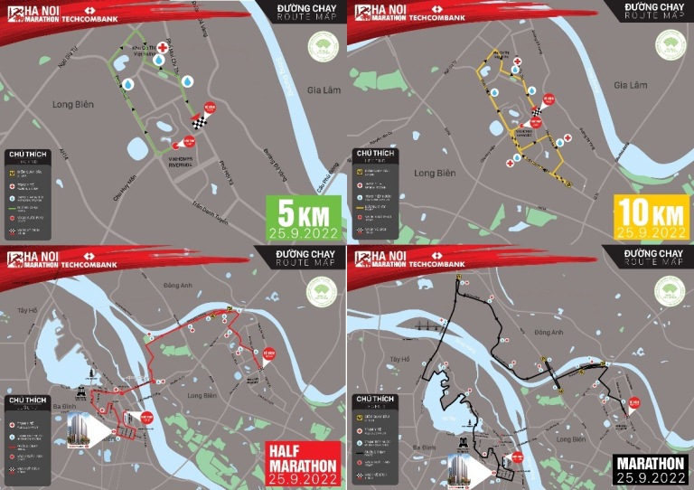Sơ đồ đường chạy tương ứng 4 cự ly tại H&amp;agrave; Nội Marathon Techcombank.
