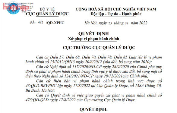 Nhiều lần sai phạm trong lưu hành thuốc, Công ty CP Pymepharco bị phạt 100 triệu đồng