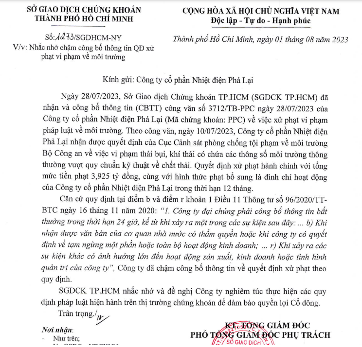 Nhắc nhở Nhiệt điện Phả Lại v&amp;igrave; chậm c&amp;ocirc;ng bố th&amp;ocirc;ng tin bị xử phạt vi phạm m&amp;ocirc;i trường.