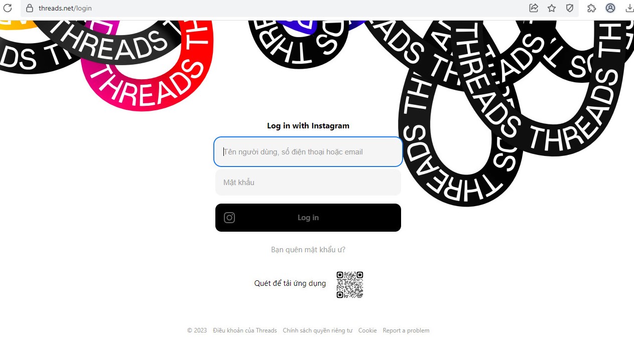 Giao diện đăng nhập web hiện tại của Threads