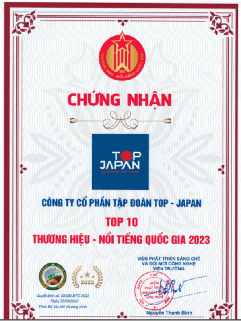 Giấy chứng nhận Top 10 Thương hiệu &amp;ndash; Nổi tiếng quốc gia Việt Nam năm 2023