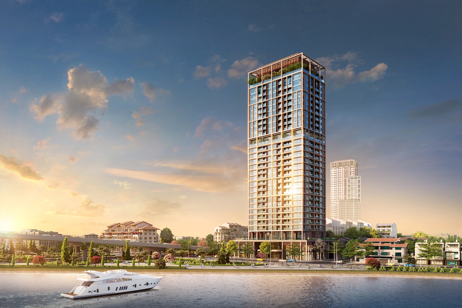 T&amp;ograve;a th&amp;aacute;p P2 của The Panoma nằm s&amp;aacute;t gần s&amp;ocirc;ng H&amp;agrave;n thơ mộng. Ảnh phối cảnh minh họa