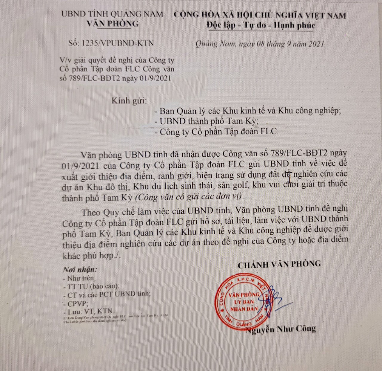 UBND tỉnh Quảng Nam vừa ban h&amp;agrave;nh C&amp;ocirc;ng văn số 1235/VPUBND-KTN về việc giải quyết đề nghị của C&amp;ocirc;ng ty Cổ phần Tập đo&amp;agrave;n FLC