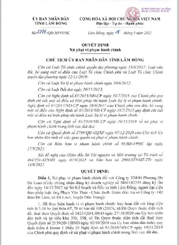 Quyết định số 2335 ng&amp;agrave;y 15/9/2021 về xử phạt vi phạm h&amp;agrave;nh ch&amp;iacute;nh về lĩnh vực đất đai đối với C&amp;ocirc;ng ty TNHH Phượng Đỏ Đ&amp;agrave; Loan