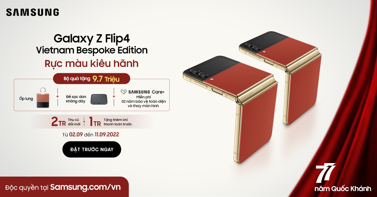 Galaxy Z Flip4, với t&amp;ecirc;n gọi &amp;ldquo;rực m&amp;agrave;u ki&amp;ecirc;u h&amp;atilde;nh&amp;rdquo; d&amp;agrave;nh ri&amp;ecirc;ng cho người d&amp;ugrave;ng Việt.