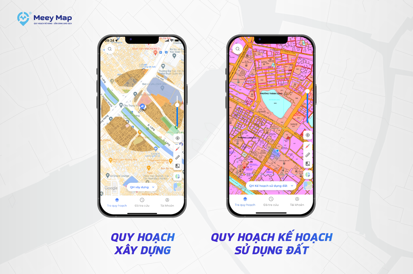 Giao diện quy hoạch x&amp;acirc;y dựng v&amp;agrave;  quy hoạch kế hoạch sử dụng đất hiển thị tr&amp;ecirc;n Meey Map app