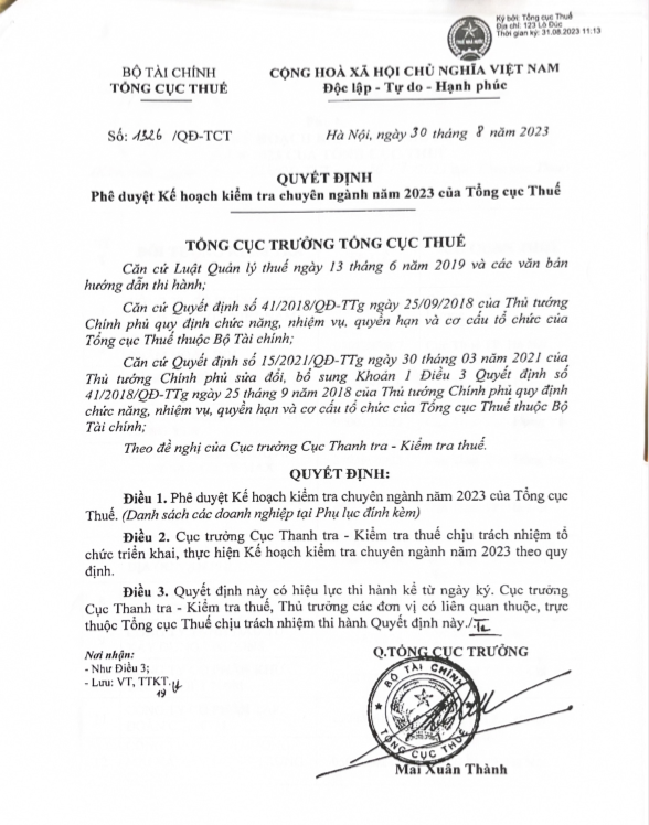 Quyết định ph&amp;ecirc; duyệt Kế hoạch kiểm tra chuy&amp;ecirc;n ng&amp;agrave;nh năm 2023 của Tổng cục Thuế