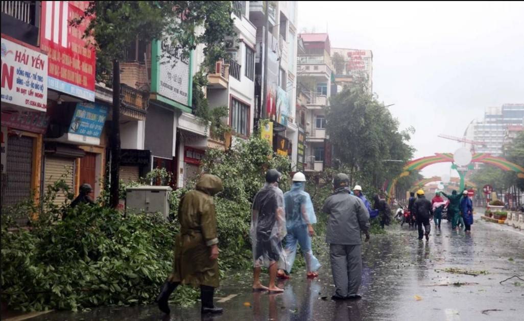 Lực lượng chức năng th&amp;agrave;nh phố Th&amp;aacute;i B&amp;igrave;nh thu dọn c&amp;acirc;y đổ tr&amp;ecirc;n đường L&amp;ecirc; Lợi, th&amp;agrave;nh phố Th&amp;aacute;i B&amp;igrave;nh. (Ảnh: TTXVN)