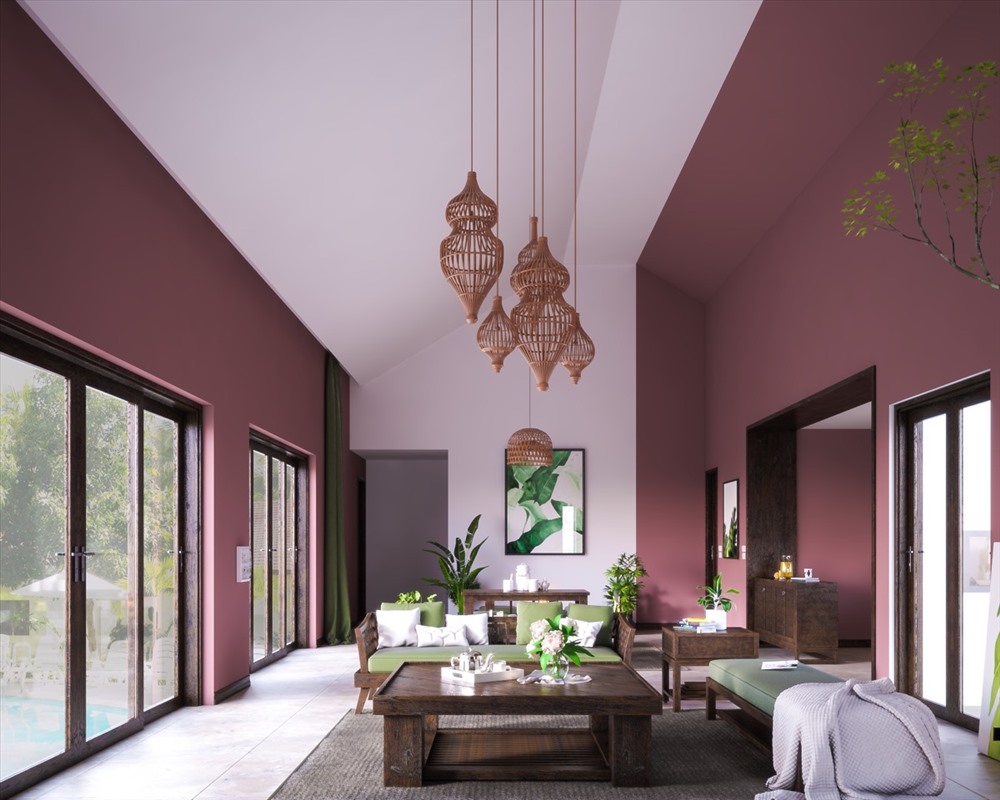 Ph&amp;ograve;ng kh&amp;aacute;ch sơn tường kết hợp giữa m&amp;agrave;u trắng tươi v&amp;agrave; m&amp;agrave;u hồng sậm. Điều đặc biệt l&amp;agrave; m&amp;agrave;u trắng được sơn như một lớp cắt xuy&amp;ecirc;n căn ph&amp;ograve;ng v&amp;agrave; m&amp;agrave;u hồng sậm đối xứng ở hai b&amp;ecirc;n.
