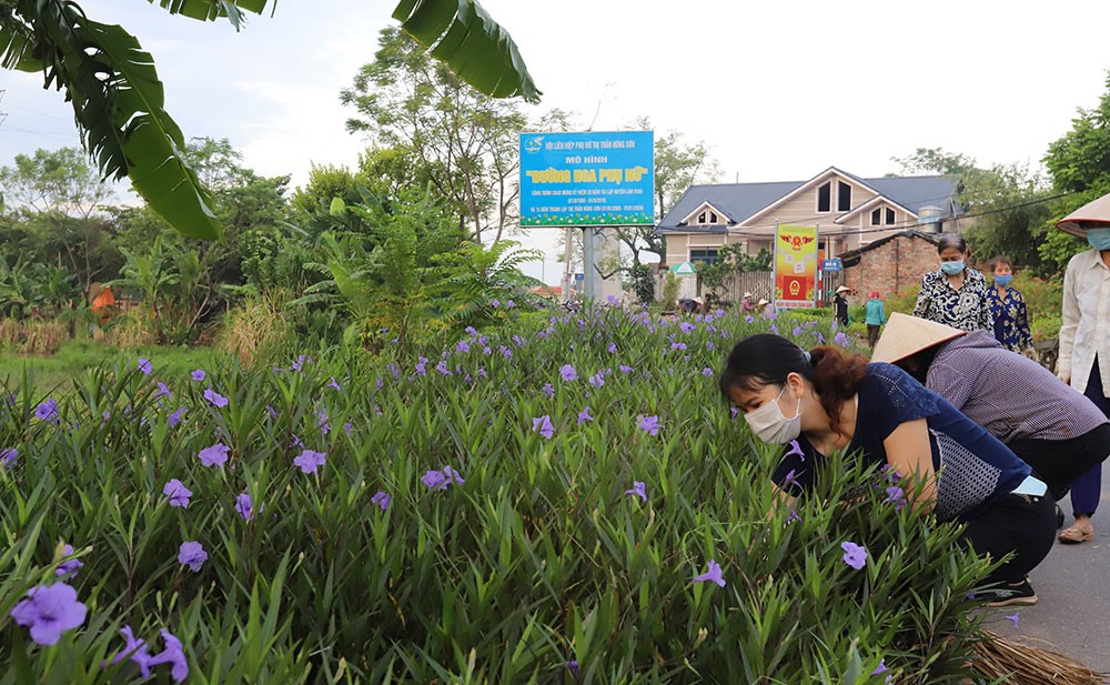 Hội Phụ nữ thị trấn H&amp;ugrave;ng Sơn, huyện L&amp;acirc;m Thao (Ph&amp;uacute; Thọ) chăm s&amp;oacute;c đường hoa
