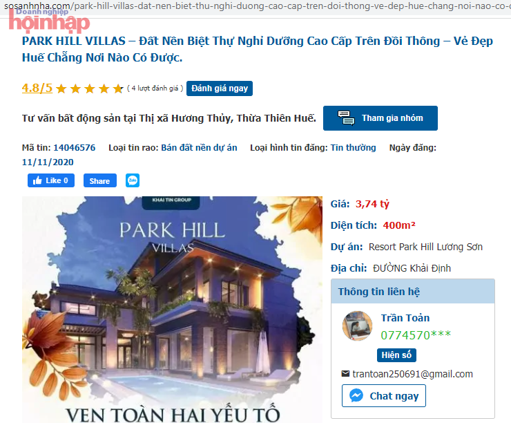 Rao b&amp;aacute;n đất nền dự &amp;aacute;n Park Hill Villas tr&amp;ecirc;n trang sosanhnha.com (Ảnh chụp m&amp;agrave;n h&amp;igrave;nh ng&amp;agrave;y 18/10/2021)