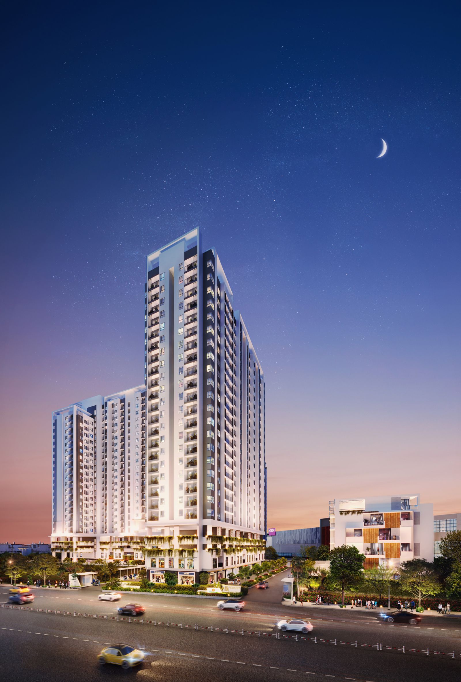 Phối cảnh block Silver Moon v&amp;agrave; Emerald Moon dự &amp;aacute;n Moonlight Centre Point sở hữu mặt tiền đắc địa. Ảnh: Hưng Thịnh Land