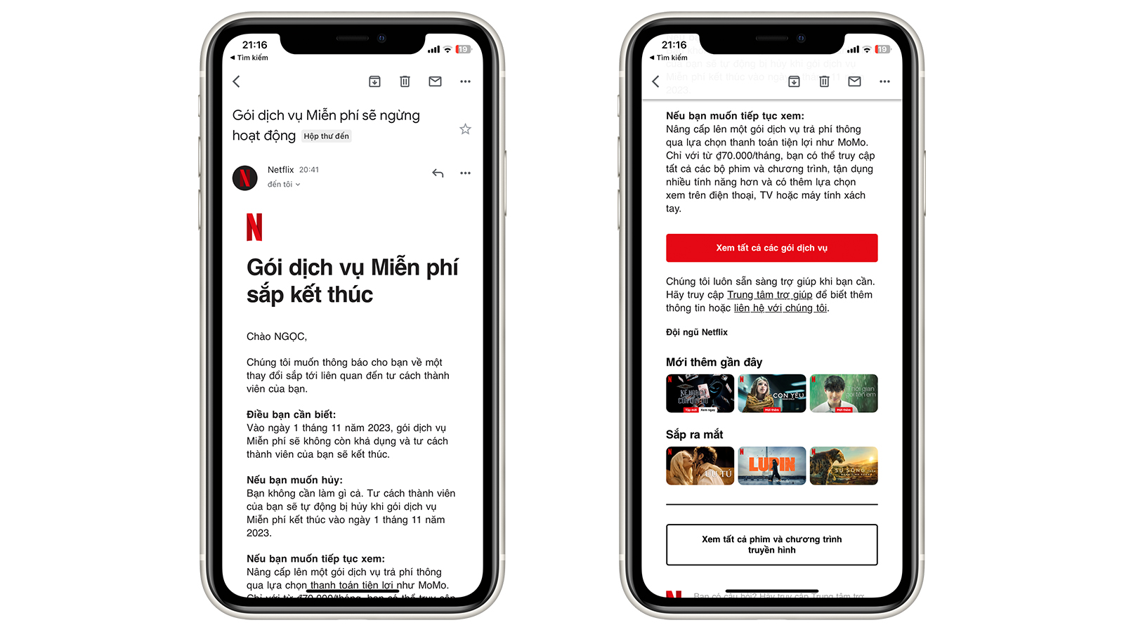 Email của Netflix gửi tới người d&amp;ugrave;ng sử dụng g&amp;oacute;i Miễn ph&amp;iacute;