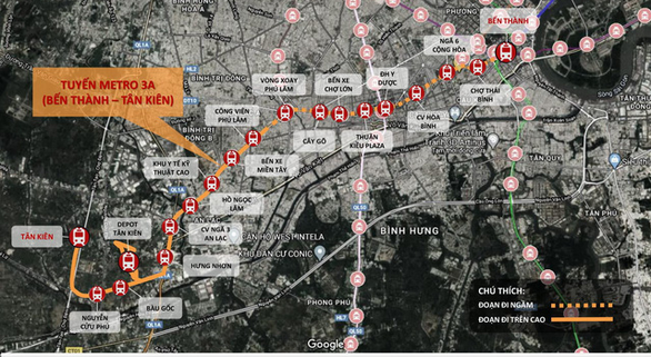 Sơ đồ tuyến metro 3A - Ảnh: Ban quản l&amp;yacute; đường sắt đ&amp;ocirc; thị TP