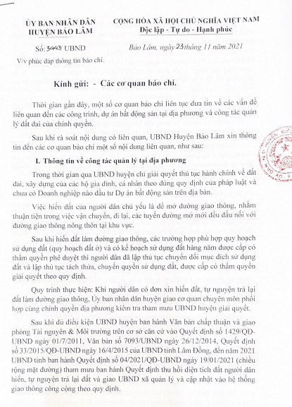 Một phần văn bản trả lời của UBND huyện Bảo L&amp;acirc;m