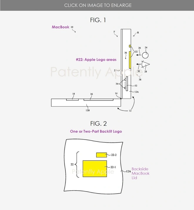 Phần thiết kế được cho l&amp;agrave; vỏ ngo&amp;agrave;i của MacBook sắp sửa c&amp;oacute; logo quả t&amp;aacute;o ph&amp;aacute;t s&amp;aacute;ng huyền thoại. Ảnh: Patently Apple.