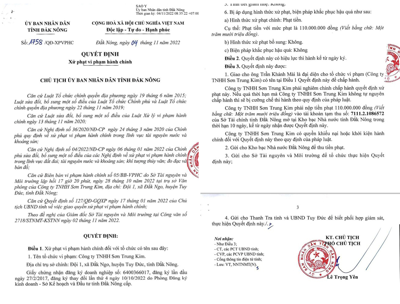 Quyết định xử phạt vi phạm h&amp;agrave;nh ch&amp;iacute;nh đối với C&amp;ocirc;ng ty TNHH Sơn Trung Kim