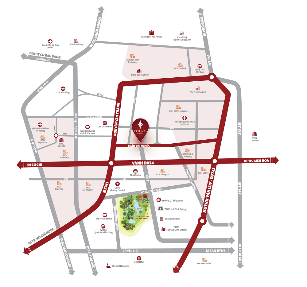 Richland Residence được quy hoạch v&amp;agrave; thiết kế kiến tr&amp;uacute;c nổi bật ngay trung t&amp;acirc;m Bến C&amp;aacute;t  Richland Residence được bao quanh bởi nhiều KCN lớn v&amp;agrave; d&amp;acirc;n cư sầm suất.