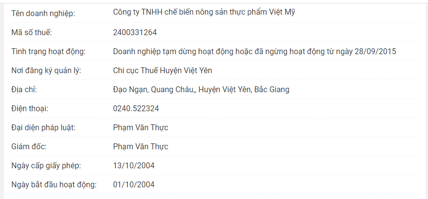 C&amp;ocirc;ng ty TNHH Chế biến n&amp;ocirc;ng sản thực phẩm Việt Mỹ