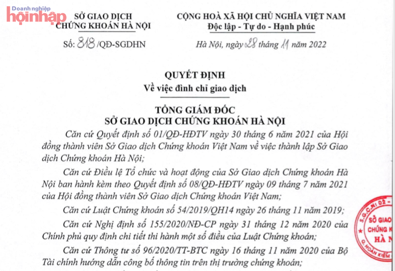 đ&amp;igrave;nh chỉ giao dịch cổ phiếu của C&amp;ocirc;ng ty CP Đầu tư X&amp;acirc;y dựng Lương T&amp;agrave;i