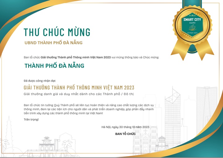 Thư ch&amp;uacute;c mừng TP Đ&amp;agrave; Nẵng của Ban tổ chức Giải thưởng &amp;ldquo;Th&amp;agrave;nh phố th&amp;ocirc;ng minh Việt Nam 2023&amp;rdquo;. Ảnh: BTC