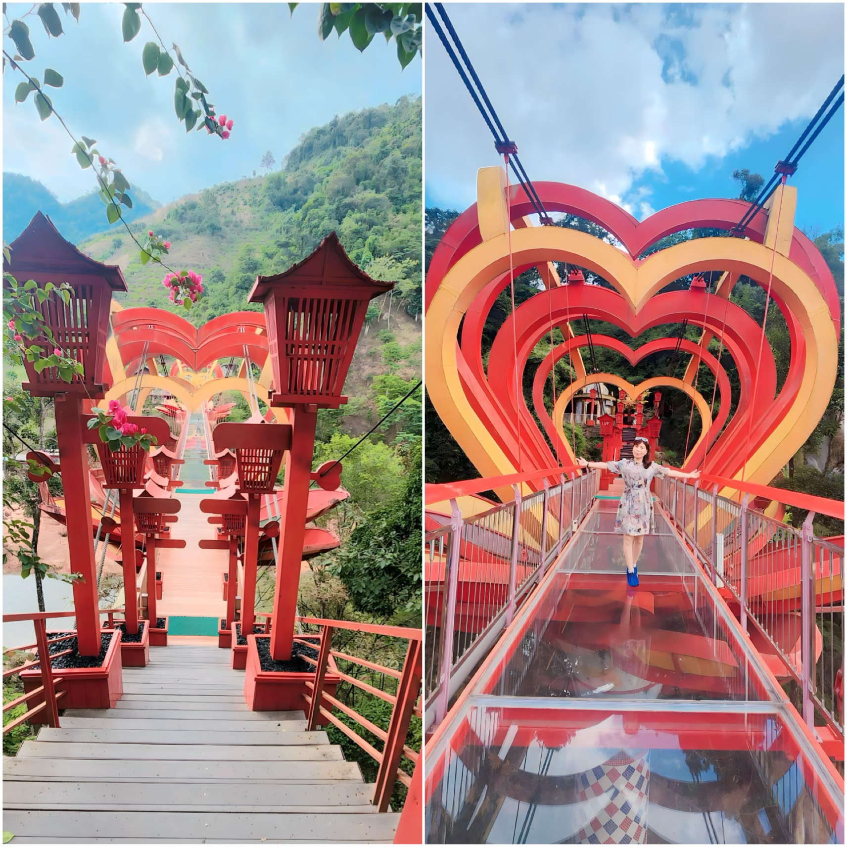 Cạnh th&amp;aacute;c Dải Yếm, đi tr&amp;ecirc;n cầu k&amp;iacute;nh tỉnh y&amp;ecirc;u đỏ sắc m&amp;agrave;u du kh&amp;aacute;ch được trải nghiệm cảm gi&amp;aacute;c hồi hộp, lo sợ nhưng cũng vỡ &amp;ograve;a cảm x&amp;uacute;c khi được nh&amp;igrave;n xuy&amp;ecirc;n thấu cảnh vật ph&amp;iacute;a dưới qua lớp k&amp;iacute;nh trong suốt