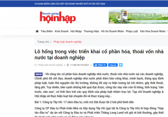 Phản hồi của Tạp chí Doanh nghiệp & Hội nhập về đơn của Công ty CP Đầu tư Phát triển nhà và Xây dựng Tây Hồ