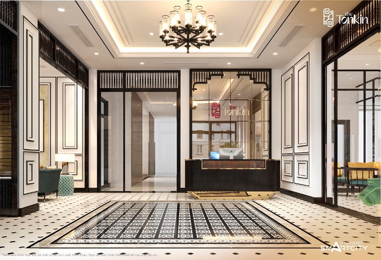 Sảnh lễ t&amp;acirc;n The Tonkin mang đậm chất Indochine với gạch b&amp;ocirc;ng hoa văn truyền thống, đ&amp;egrave;n trần, ph&amp;agrave;o chỉ phong c&amp;aacute;ch cổ điển v&amp;agrave; lam gỗ với họa tiết &amp;Aacute; Đ&amp;ocirc;ng.
