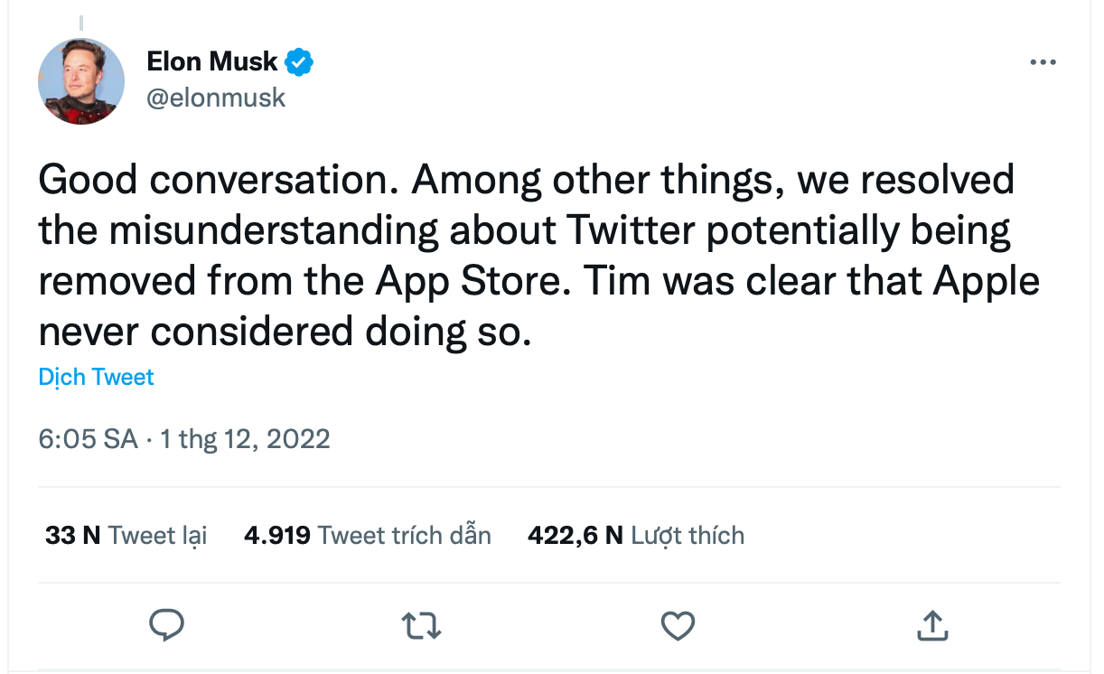 B&amp;agrave;i đăng của vị tỉ ph&amp;uacute; cho biết hiểu lầm giữa hai b&amp;ecirc;n đ&amp;atilde; được xo&amp;aacute; bỏ. Ảnh: Twitter Elon Musk