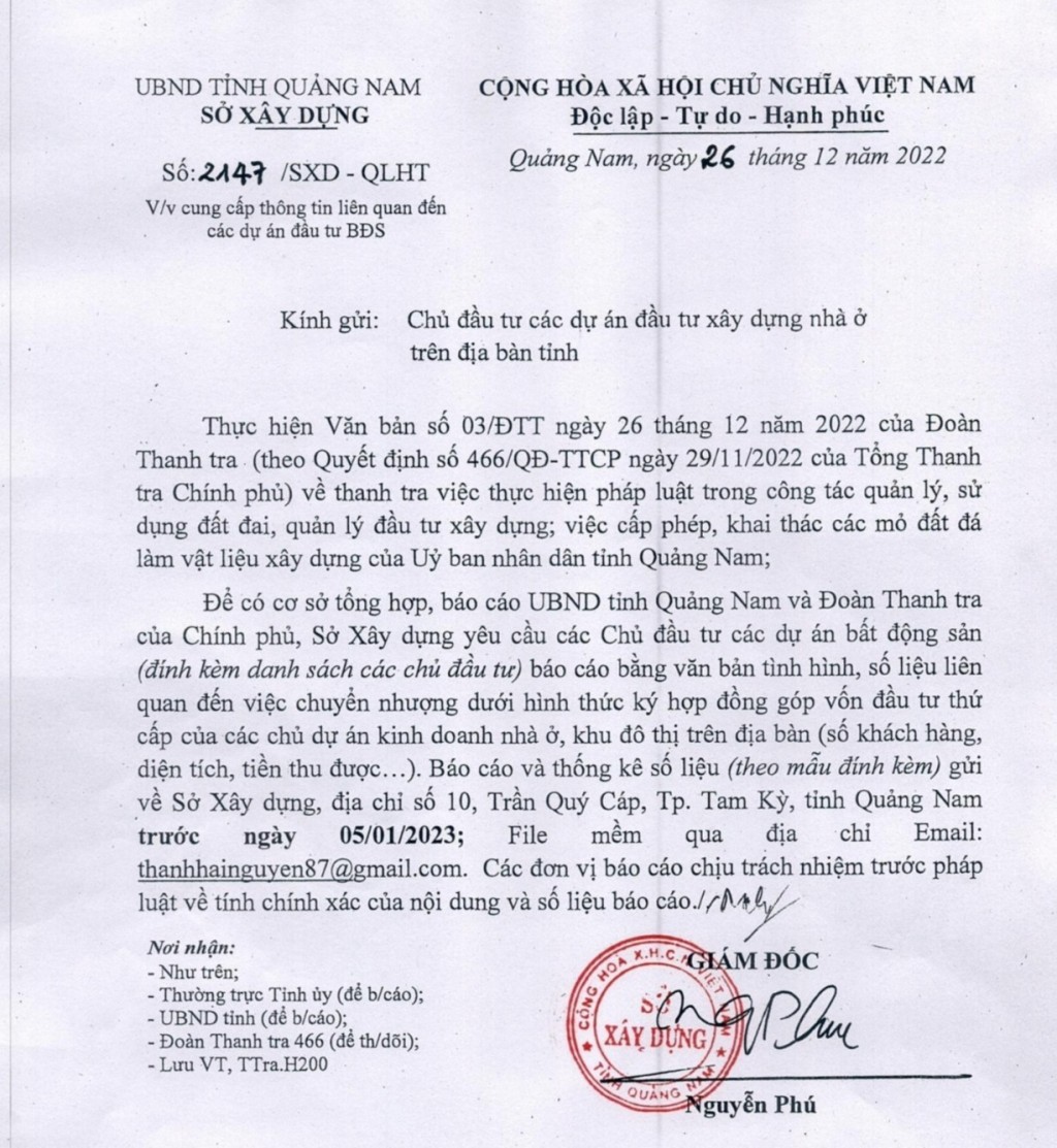 Sở X&amp;acirc;y dựng tỉnh Quảng Nam vừa c&amp;oacute; Văn bản 2147/SXD-QLHT ng&amp;agrave;y 26/12/2022 y&amp;ecirc;u cầu c&amp;aacute;c chủ đầu tư b&amp;aacute;o c&amp;aacute;o chi tiết về số liệu li&amp;ecirc;n quan đến việc chuyển nhượng dưới h&amp;igrave;nh thức k&amp;yacute; hợp đồng g&amp;oacute;p vốn đầu tư thứ cấp tại 104 dự &amp;aacute;n bất động sản.